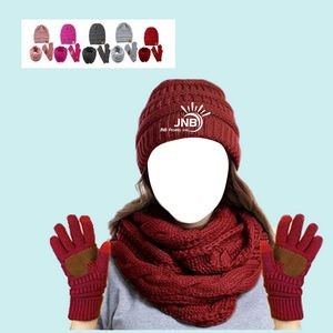 Winter Warm Knit Beanie Hat Gloves Scarf Set
