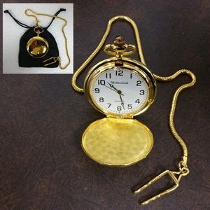 Clip-On Metal Pocket Watch with Chain in Faux Suede Pouch (Gold)