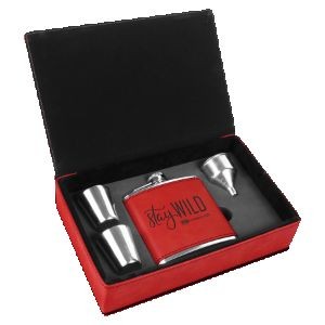 6 Oz. Red Leatherette Flask Gift Set