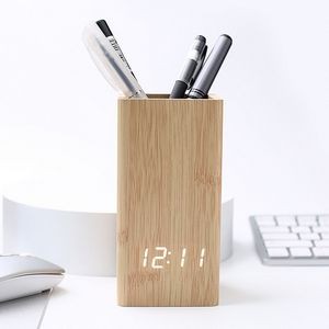Multi-functional Wooden Digital Alarm Clock Pen Holder