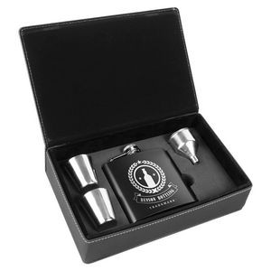 6 Oz. Black Stainless Steel Laserable Leatherette Flask Gift Set