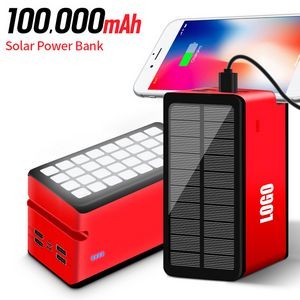 100,000mAh Solar Power Bank With Camp Flashlight Phone Stand