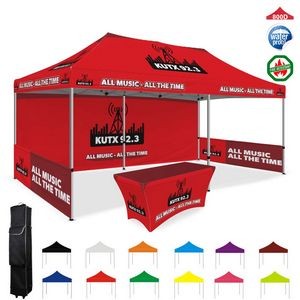 10' x 20' Pop Up Tent with full color background wall & double sided wall and stretch table cover