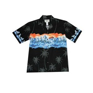 Black Hawaiian Border Print Cotton Poplin Shirt w/ Button Front
