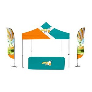 10x10ft Deluxe Canopy Kit w Deluxe Steel Frame, Dye Sub Canopy, 12ft 2-sided Feather Flag & 6ft tabl