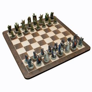 Handpainted Dragon Chess Set, Walnut Root Board 21 in, 4.5 in King
