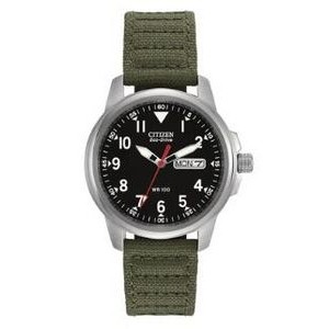 Citizen® Men's Eco-Drive® Military Watch w/Black Dial & Buckle Clasp Green Strap