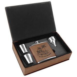 Stainless Steel Dark Brown Leatherette Flask Gift Set
