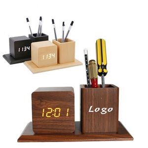 Wooden Digital Desk Clock W/ Pen Holder