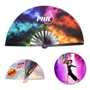 13"/10.6"L Double Sided Imprint Bamboo Ribs Rave Folding Fan