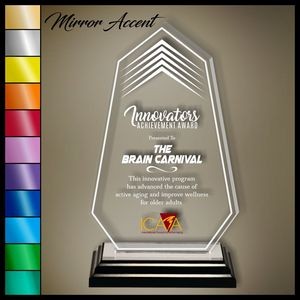 10" Badge Clear Acrylic Award, Color Printed in Black Wood Mirror Accented Base