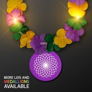Mardi Gras Lei Light Up Flower Necklace with Purple Medallion - Domestic Print