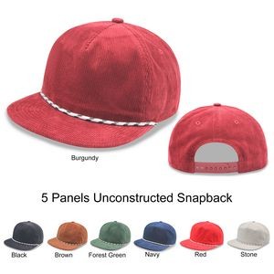 Corduroy Low Profile 5 Panel Unstructured Flat Bill Snapback Floppy Rope Hat