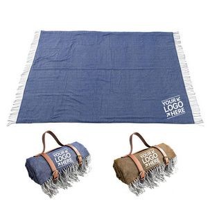 Large Outdoor Waterproof Acrylic Wool Blend Picnic Blanket (79"x59") w/Leather Carrier