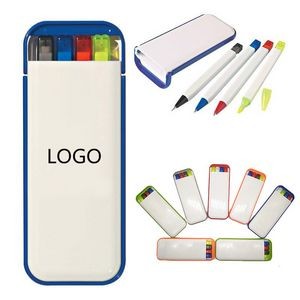 4PC Highlighter Marker & 2 Colored Ballpoint Pens & Pencil Stationary Set With Portable Case