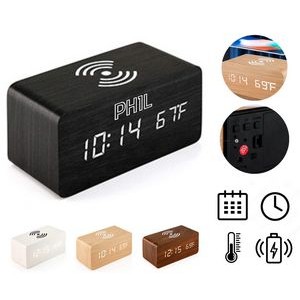 Wooden LED Alarm Clock with Wireless Charger