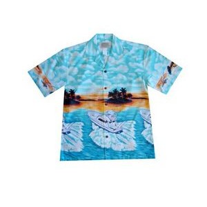 Blue Hawaiian Border Print Cotton Poplin Shirt w/ Button Front