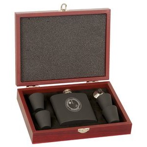 Flask Gift Set in Rosewood Case - Laser Engraved Flexibrass Plate