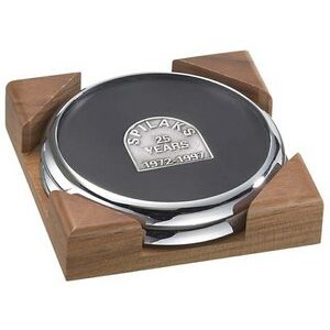 2 Round Solid Chrome Coasters w/Solid Walnut Wood Square Holder
