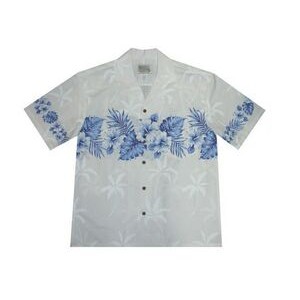 White/Navy Hawaiian Border Print Cotton Poplin Shirt w/ Button Front