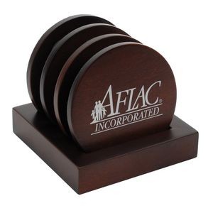 4-Piece Matte Walnut Color Wood 3.5" Round Coaster Gift Set comes with matching stand-up holder