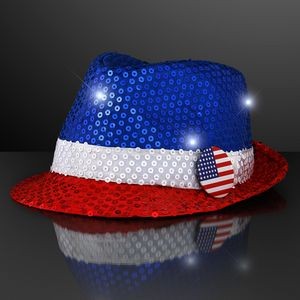 Sequin Red, White, Blue Fedora Hats with Flashing LEDs - BLANK