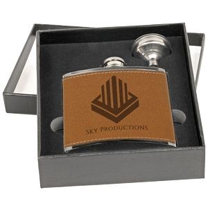 6 oz. Leather Flask Set in Black Presentation Box