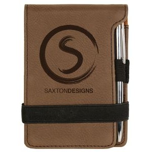 3 1/4" x 4 3/4" Dark Brown Laserable Leatherette Mini Notepad with Pen