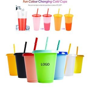 16oz Plastic Reusable Color Changing Cup Summer Cold Drinks Tumbler With Lid & Straw
