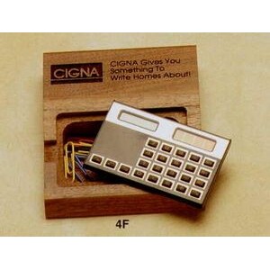4.1"x4-3/5" Walnut Paper Clip Holder W/ Calculator (4f)