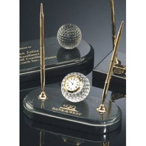 Crystal Golf Ball Clock Award w/Pen Set