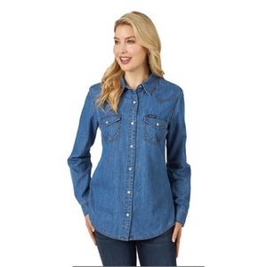 Wranglers® Women's Mid Denim Blue Long Sleeve Western Snap Denim Shirt