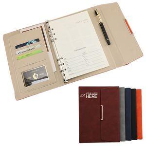A5 Size 3 Fold 6 Rings Pu Leather Binder Notebook With Card Holder