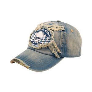 Unstructured Washed Denim Cap w/ Skull & Racing Flag Embroidery
