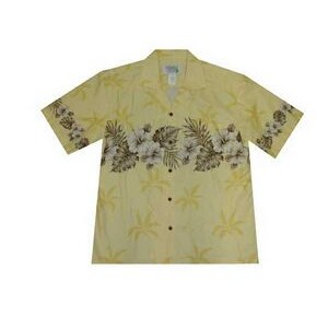 Yellow Hawaiian Border Print Cotton Poplin Shirt w/ Button Front