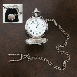 Clip-On Metal Pocket Watch with Chain in Black Faux Suede Pouch (Silver)