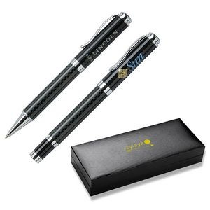 Black-Carbon Fiber Pen Set in Gift Box (Roller Ball + Ball Point Pens)