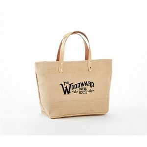 Large jute tote bag with leather handles, zippered closure and zippered pocket inside