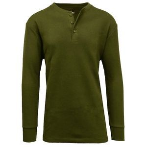Men's Henley Thermal Shirts - Olive, S-XL, 3 Button (Case of 24)