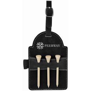 Black/Silver Laser Engraved Leatherette Golf Bag Tag with 3 Wooden Tees (5" x 3 1/4")