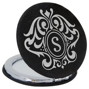 Black/Silver Compact with Mirror, Laserable Leatherette, 2-1/2" Diameter