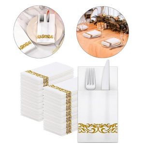 White Disposable Dinner Napkins Cloth Built in Flatware Pocket
