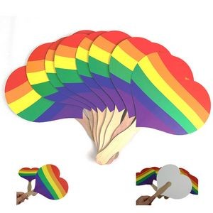 LGBT Pride Rainbow Paper Board Heart Shape Handheld Fan With Wooden Handle