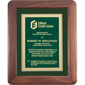 Rounded Rectangle 9-1/2"x11-1/2" Walnut Frame Plaque with Green Brass Engraving Plate