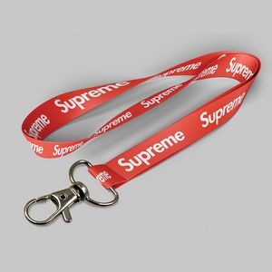 5/8" Red custom lanyard printed with company logo with Thumb Trigger attachment 0.625"