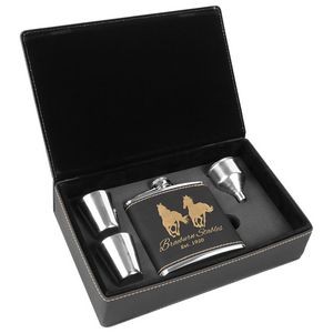 6oz. Stainless Steel Black/Gold Leatherette Flask Gift Set