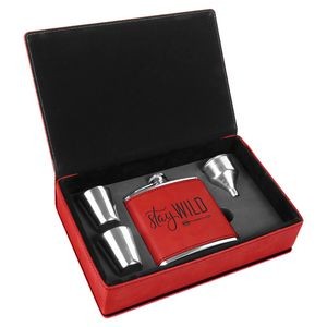 Laserable Red Leatherette 6 Oz. Flask Gift Set