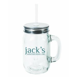 15 Ounce Handled Mason Jar with Silver Lid and Clear Straw