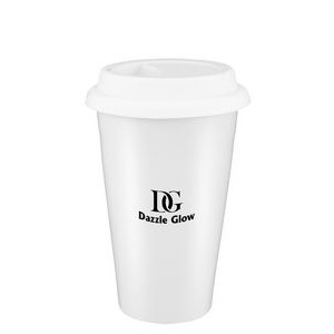 ~ Sheffield 10oz double wall ceramic tumbler, white with white silicone lid