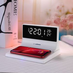 Qi Certified 15W Wireless Charger And LED Digital Clock With Alarm, Temperature And Calendar